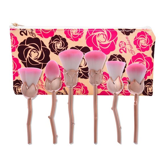 6-Piece Set: Floral  Makeup Brush Set Premium Synthetic Brushes - Rose Gold - Picture 1 of 3